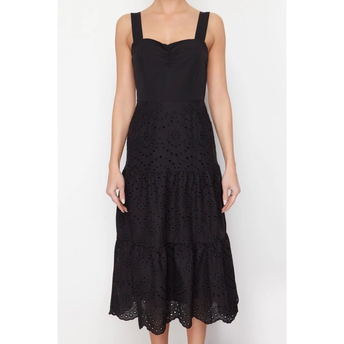 Fashion Regular Casual Daily Embroidered Woven Heart Neck Strappy Sleeve Skater Midi Length Dress