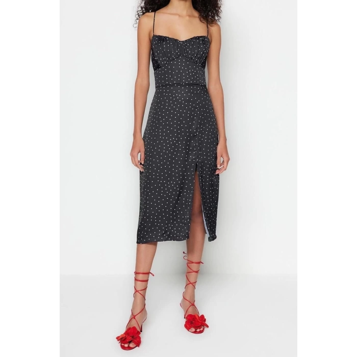 Moda Regular Day Night Satin Woven V Neck Strappy Sleeve A-Line Midi Length Dress
