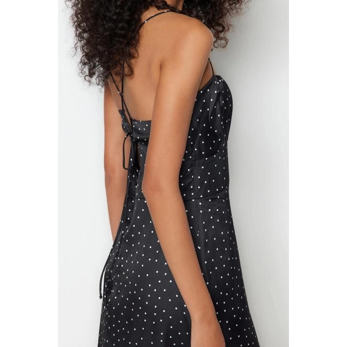 Moda Regular Day Night Satin Woven V Neck Strappy Sleeve A-Line Midi Length Dress