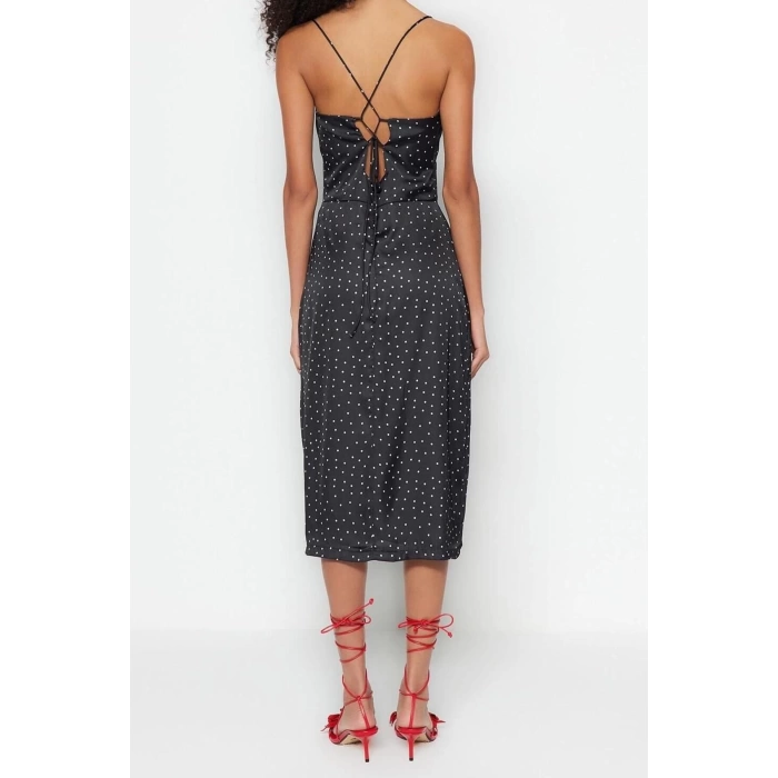Moda Regular Day Night Satin Woven V Neck Strappy Sleeve A-Line Midi Length Dress