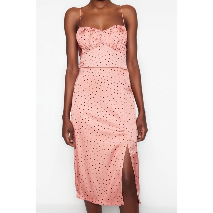 Moda Regular Day Night Satin Woven V Neck Strappy Sleeve A-Line Midi Length Dress
