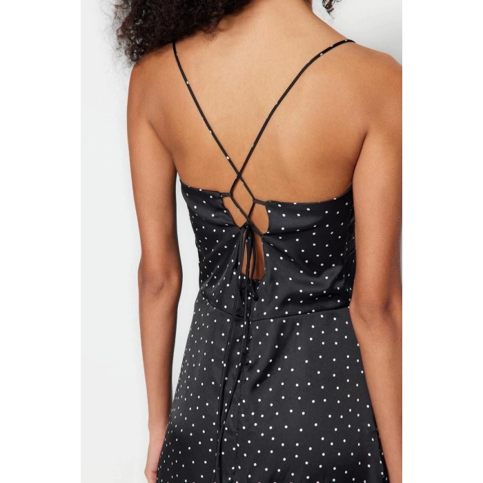 Moda Regular Day Night Satin Woven V Neck Strappy Sleeve A-Line Midi Length Dress