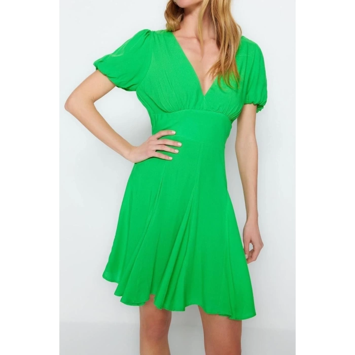 Fashion Regular Beach Casual Shally Woven V Neck Short Sleeve Smock Mini Length Dress