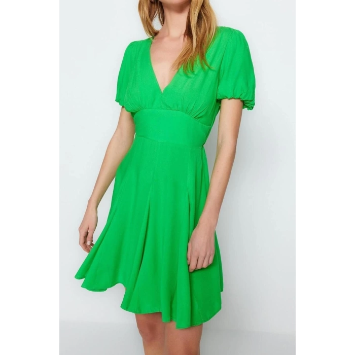 Fashion Regular Beach Casual Shally Woven V Neck Short Sleeve Smock Mini Length Dress