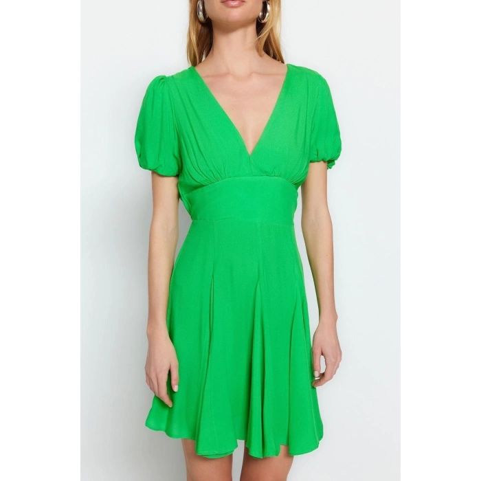 Fashion Regular Beach Casual Shally Woven V Neck Short Sleeve Smock Mini Length Dress