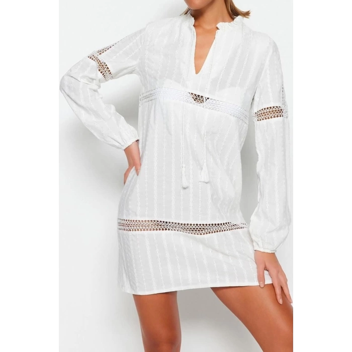 Fashion Regular Beach Daily Brode Woven Halter Neck Long Sleeve Shift Mini Length Dress