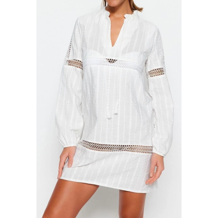Fashion Regular Beach Daily Brode Woven Halter Neck Long Sleeve Shift Mini Length Dress