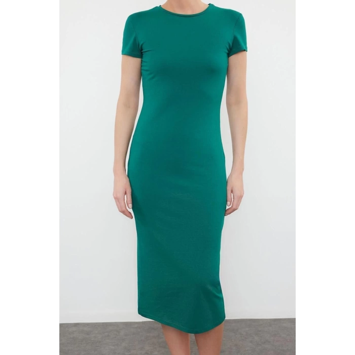 Moda Slim Casual Günlük Likralı Süprem Örme Bisiklet Yaka Kısa Kol Bodycone Midi Boy Elbise