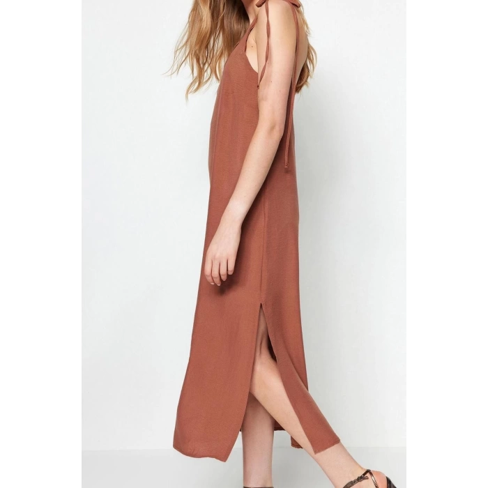 Moda Regular Day Night Lilyum Woven Crew Neck Strappy Sleeve Shift Midi Length Dress