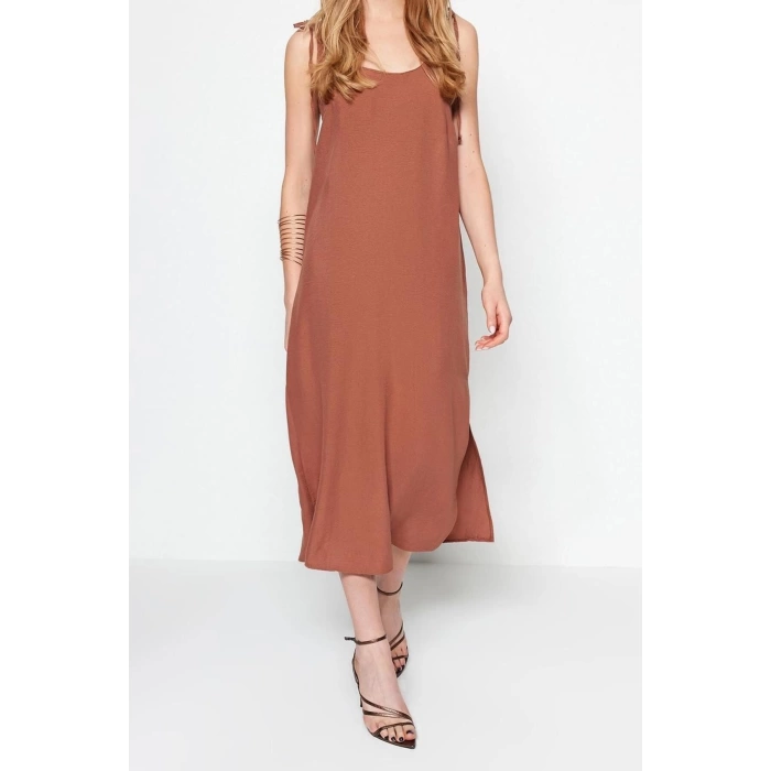 Moda Regular Day Night Lilyum Woven Crew Neck Strappy Sleeve Shift Midi Length Dress