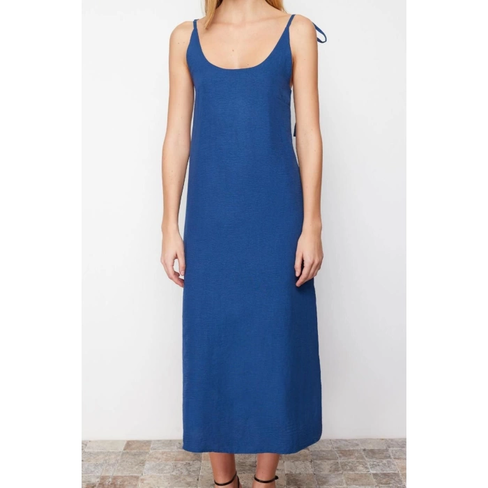 Moda Regular Day Night Lilyum Woven Crew Neck Strappy Sleeve Shift Midi Length Dress