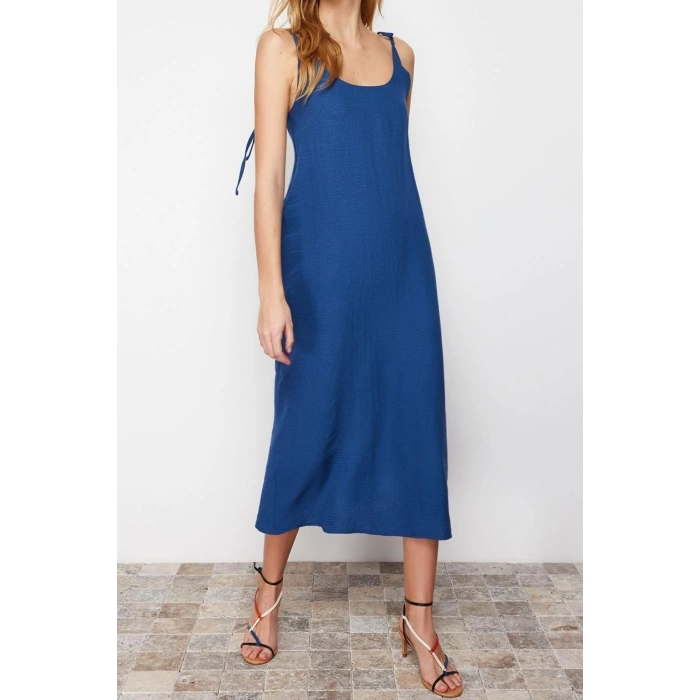 Moda Regular Day Night Lilyum Woven Crew Neck Strappy Sleeve Shift Midi Length Dress