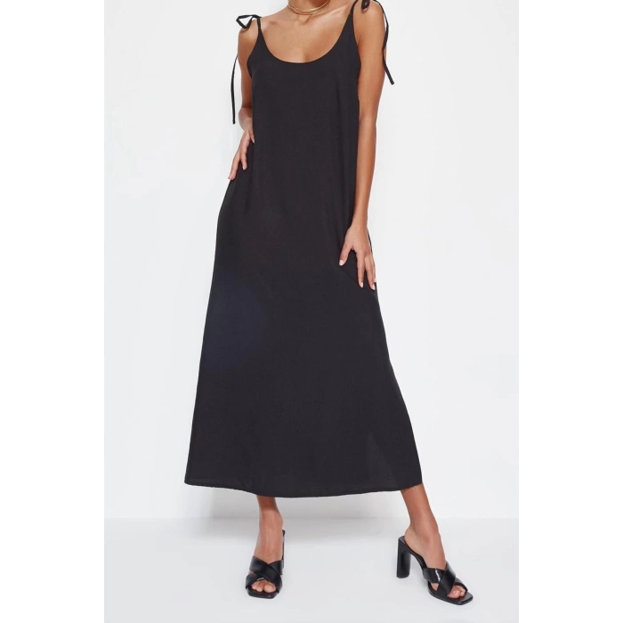 Moda Regular Day Night Lilyum Woven Crew Neck Strappy Sleeve Shift Midi Length Dress