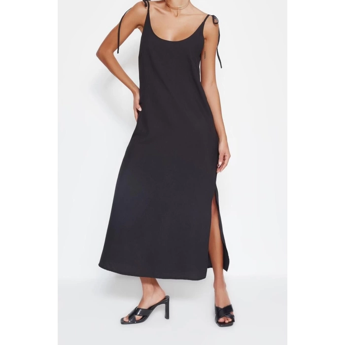 Moda Regular Day Night Lilyum Woven Crew Neck Strappy Sleeve Shift Midi Length Dress
