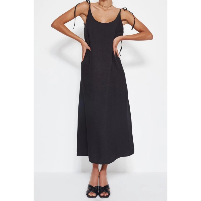 Moda Regular Day Night Lilyum Woven Crew Neck Strappy Sleeve Shift Midi Length Dress
