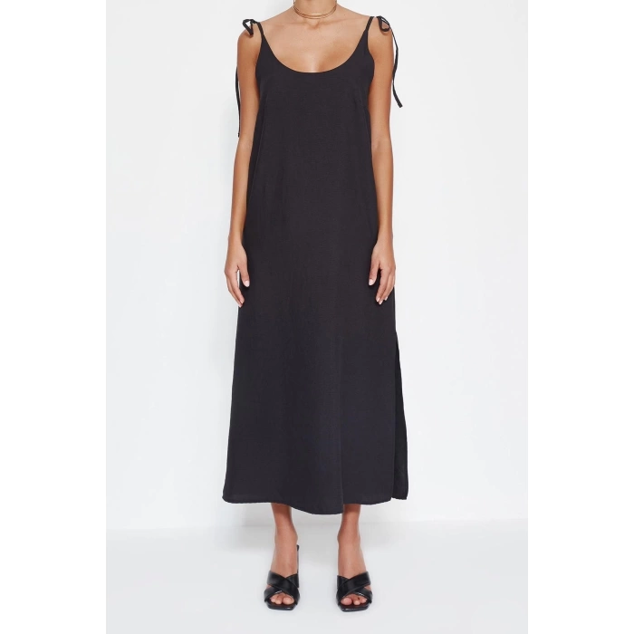Moda Regular Day Night Lilyum Woven Crew Neck Strappy Sleeve Shift Midi Length Dress