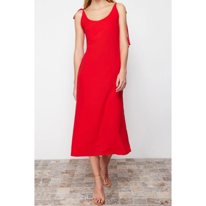 Moda Regular Day Night Lilyum Woven Crew Neck Strappy Sleeve Shift Midi Length Dress