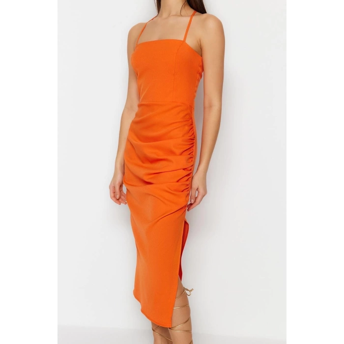 Moda Fit Mezuniyet Balo Finike Dokuma Kare Yaka Askılı Kol Bodycone Midi Boy Elbise