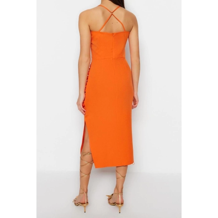 Moda Fit Mezuniyet Balo Finike Dokuma Kare Yaka Askılı Kol Bodycone Midi Boy Elbise