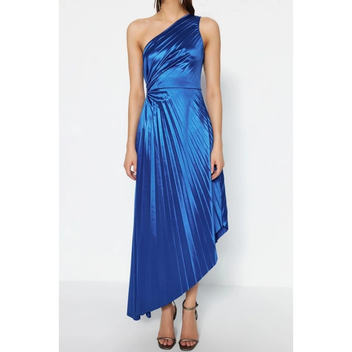 Fashion Fit Graduation Prom Satin Knitted Asymmetrical Neck Sleeveless Shift Midi Length Dress