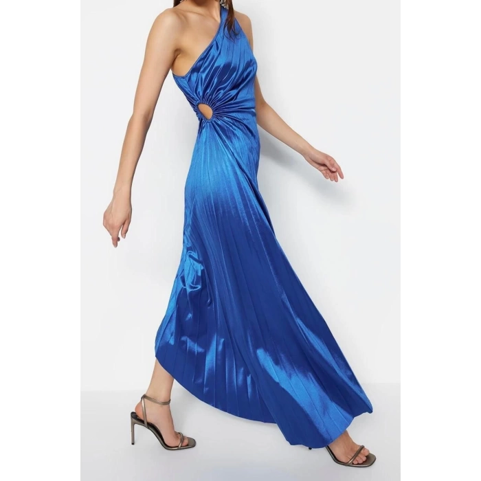 Fashion Fit Graduation Prom Satin Knitted Asymmetrical Neck Sleeveless Shift Midi Length Dress