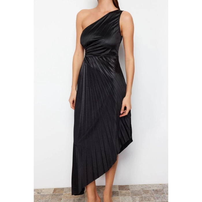 Fashion Fit Graduation Prom Satin Knitted Asymmetrical Neck Sleeveless Shift Midi Length Dress