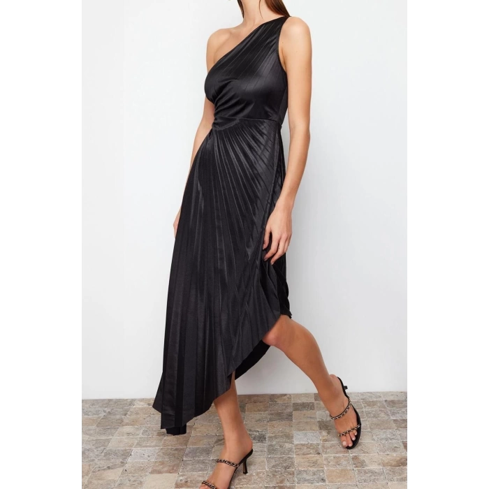 Fashion Fit Graduation Prom Satin Knitted Asymmetrical Neck Sleeveless Shift Midi Length Dress