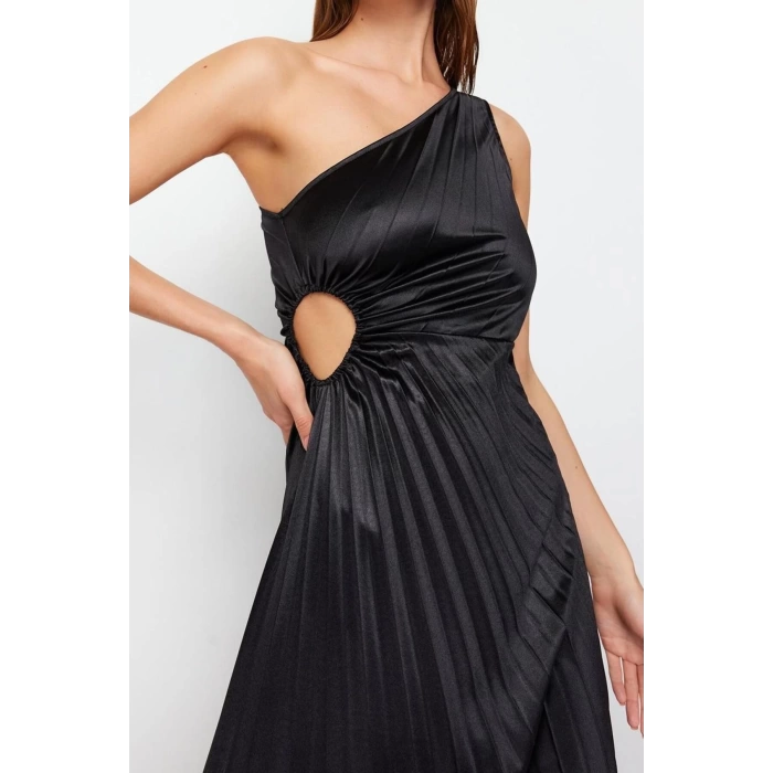 Fashion Fit Graduation Prom Satin Knitted Asymmetrical Neck Sleeveless Shift Midi Length Dress