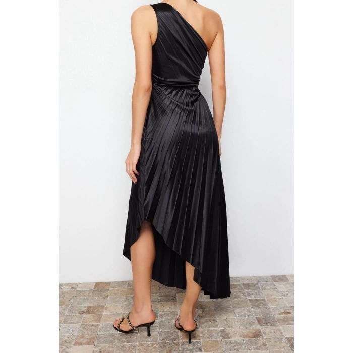 Fashion Fit Graduation Prom Satin Knitted Asymmetrical Neck Sleeveless Shift Midi Length Dress
