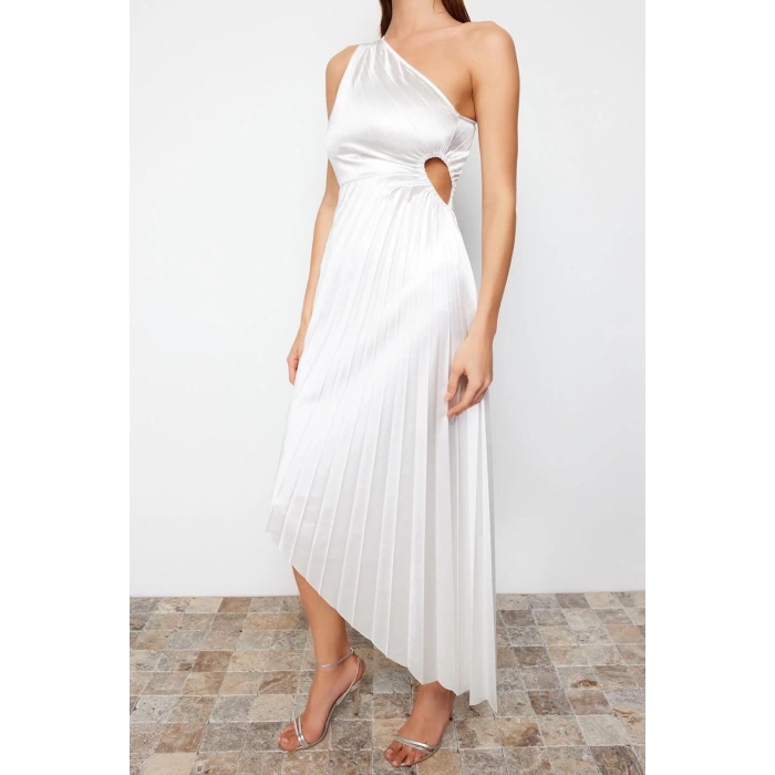 Fashion Fit Graduation Prom Satin Knitted Asymmetrical Neck Sleeveless Shift Midi Length Dress