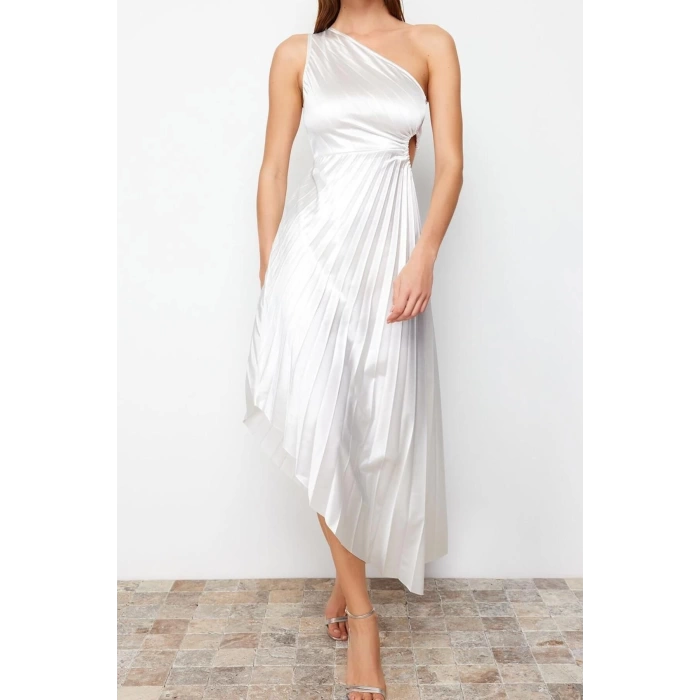 Fashion Fit Graduation Prom Satin Knitted Asymmetrical Neck Sleeveless Shift Midi Length Dress