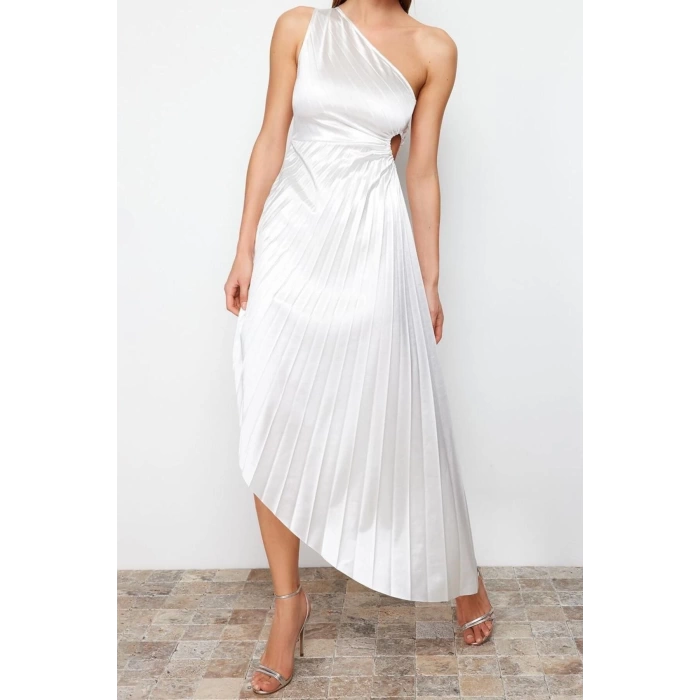 Fashion Fit Graduation Prom Satin Knitted Asymmetrical Neck Sleeveless Shift Midi Length Dress