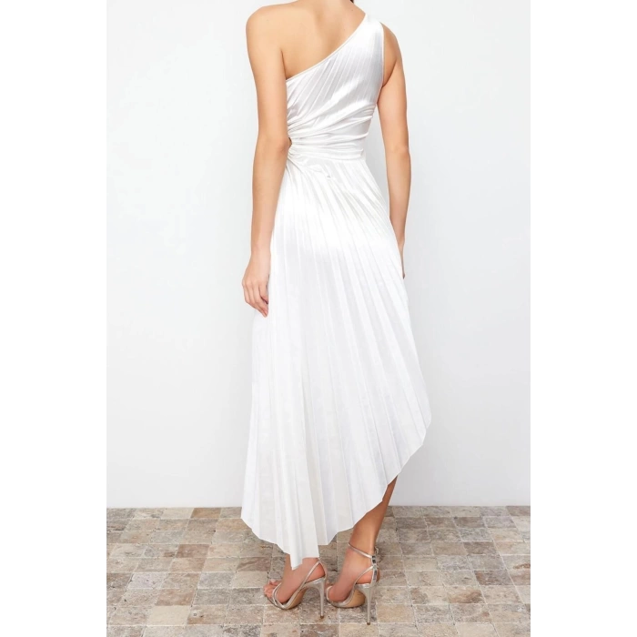 Fashion Fit Graduation Prom Satin Knitted Asymmetrical Neck Sleeveless Shift Midi Length Dress
