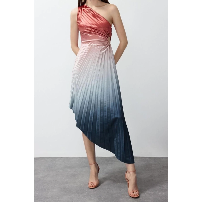 Fashion Fit Graduation Prom Satin Knitted Asymmetrical Neck Sleeveless Shift Midi Length Dress