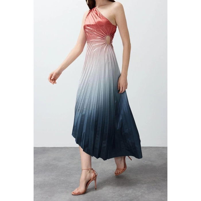 Fashion Fit Graduation Prom Satin Knitted Asymmetrical Neck Sleeveless Shift Midi Length Dress