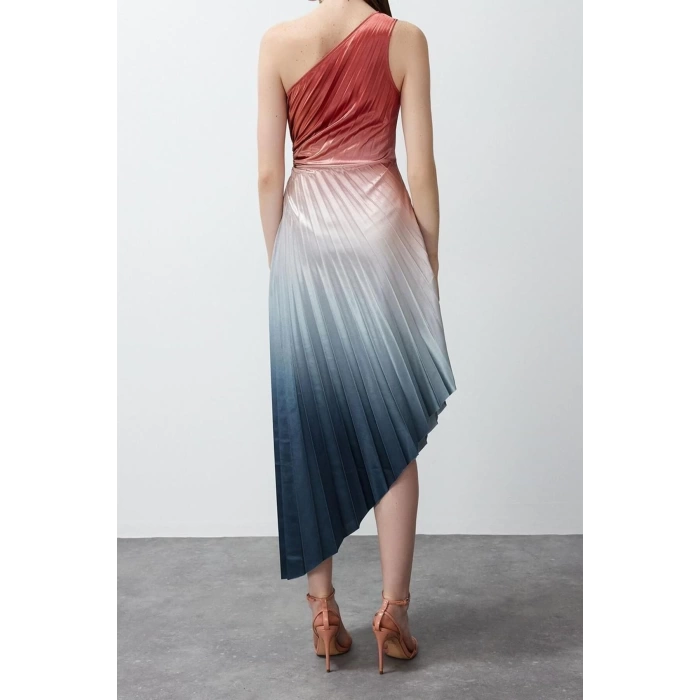 Fashion Fit Graduation Prom Satin Knitted Asymmetrical Neck Sleeveless Shift Midi Length Dress