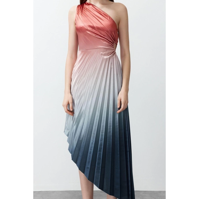Fashion Fit Graduation Prom Satin Knitted Asymmetrical Neck Sleeveless Shift Midi Length Dress