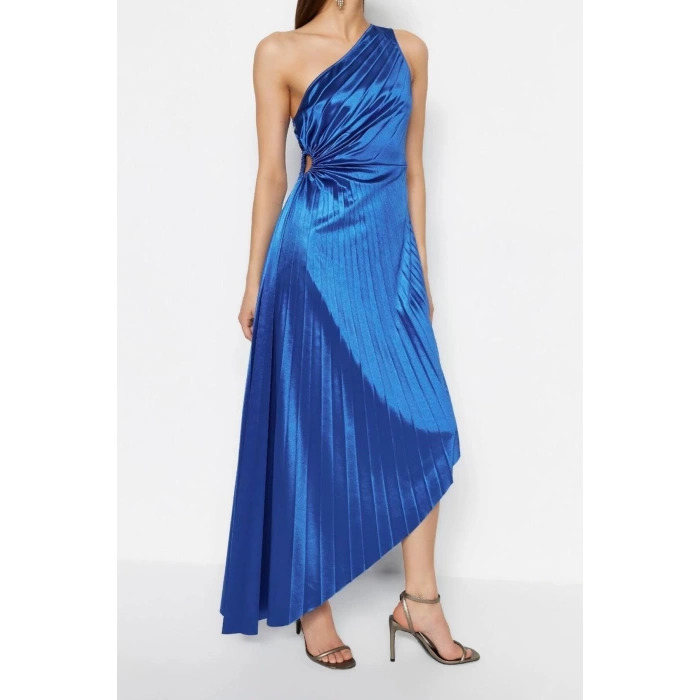 Fashion Fit Graduation Prom Satin Knitted Asymmetrical Neck Sleeveless Shift Midi Length Dress