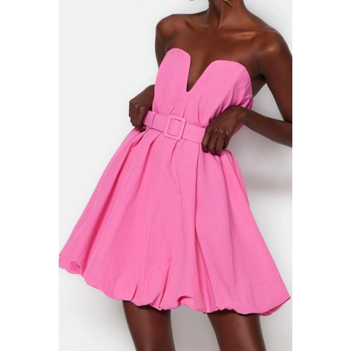 Fashion Casual Graduation Prom Poplin Woven Strapless Sleeveless Sleeve Skater Mini Length Dress