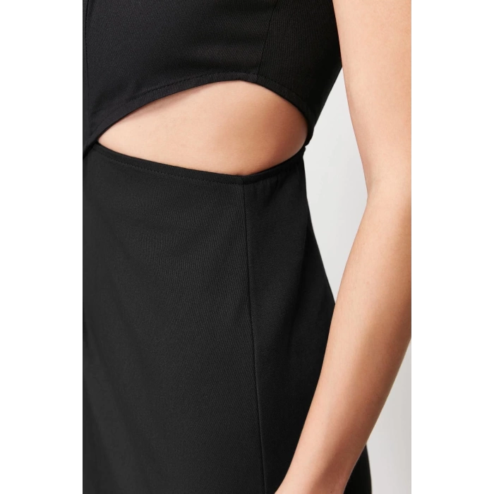 Moda Rahat Gündüz Gece Gabardin Dokuma Kare Yaka Askılı Kol A-Line Mini Boy Elbise