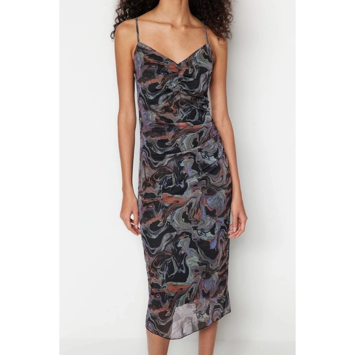 Fashion Slim Day Night Tulle Knitted V Neck Strappy Sleeve Bodycone Midi Length Dress