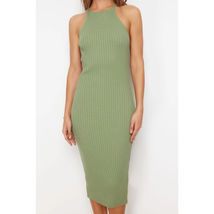 Moda Regular Casual Günlük Fitilli Triko Bisiklet Yaka Uzun Kol Bodycone Midi Boy Elbise