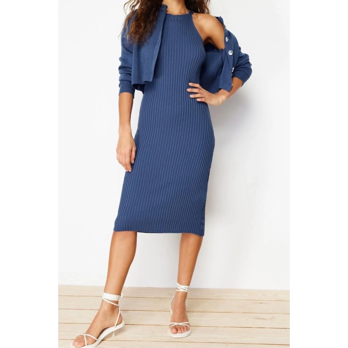 Moda Regular Casual Günlük Fitilli Triko Bisiklet Yaka Uzun Kol Bodycone Midi Boy Elbise