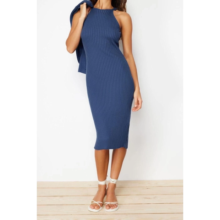 Moda Regular Casual Günlük Fitilli Triko Bisiklet Yaka Uzun Kol Bodycone Midi Boy Elbise