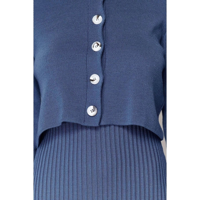 Moda Regular Casual Günlük Fitilli Triko Bisiklet Yaka Uzun Kol Bodycone Midi Boy Elbise