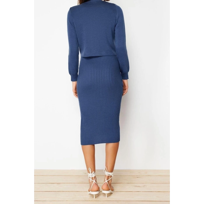 Moda Regular Casual Günlük Fitilli Triko Bisiklet Yaka Uzun Kol Bodycone Midi Boy Elbise