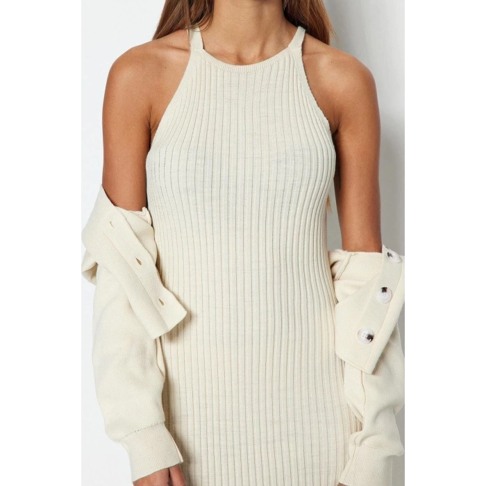 Moda Regular Casual Günlük Fitilli Triko Bisiklet Yaka Uzun Kol Bodycone Midi Boy Elbise