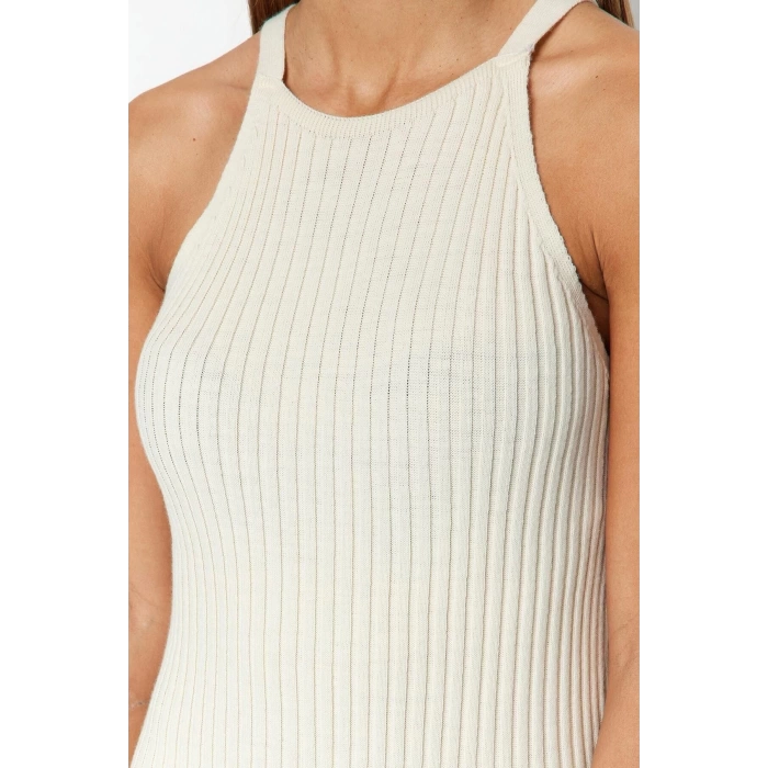 Moda Regular Casual Günlük Fitilli Triko Bisiklet Yaka Uzun Kol Bodycone Midi Boy Elbise