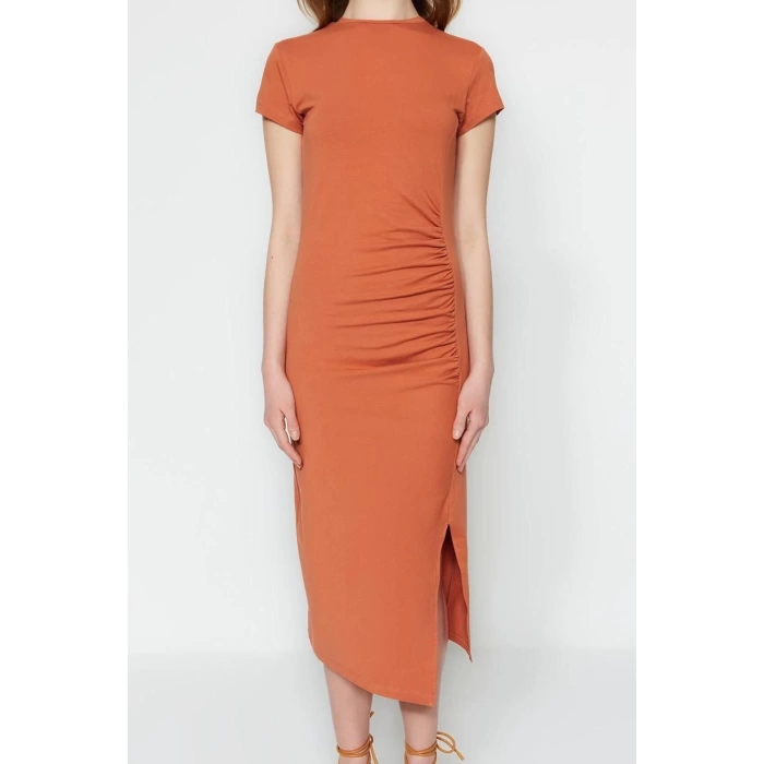 Moda Slim Day Night Lycra Jersey Knitted Crew Neck Short Sleeve Bodycon Midi Length Dress