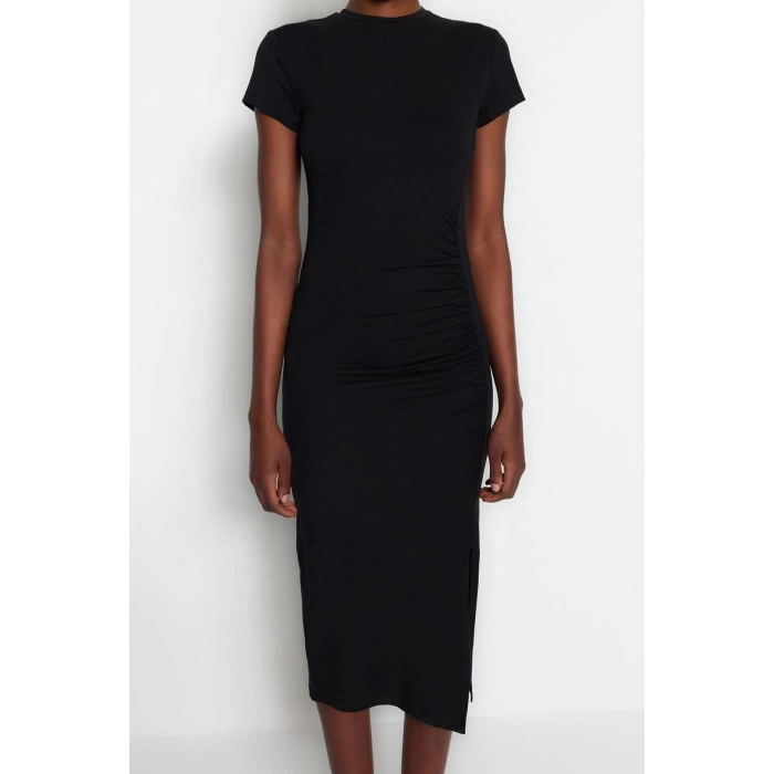Moda Slim Day Night Lycra Jersey Knitted Crew Neck Short Sleeve Bodycon Midi Length Dress